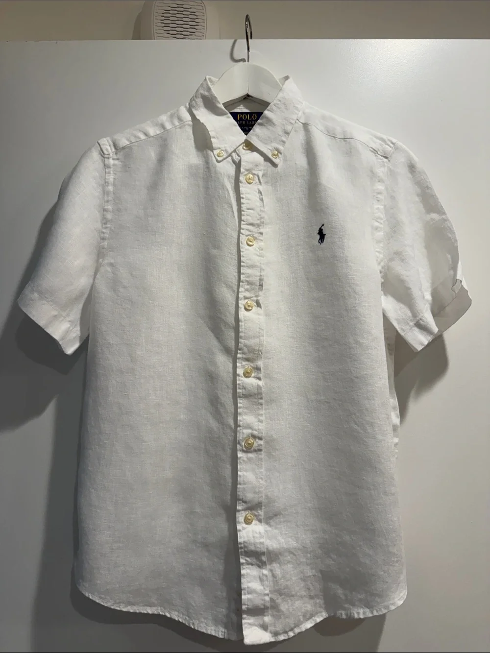 Ralph Lauren White Short-Sleeve Button-Down Shirt with Navy Pony